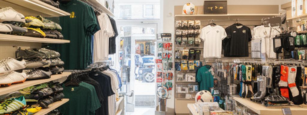 Bright Norwich football shop interior with rows of boots, folded shirts, and accessories arranged beside the entrance