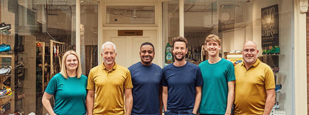The Lowe & Lewis Football Store store team smiling outside the football shop on Wingfield Road in Norwich