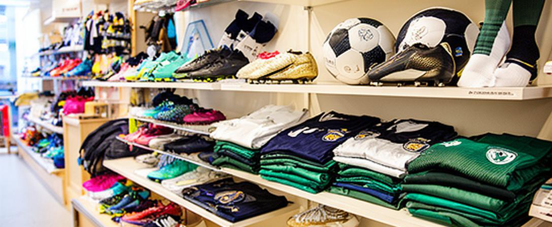 Football boots, folded jerseys and training accessories arranged on bright shelves in a Norwich sports shop