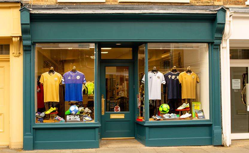 Exterior of the Lowe & Lewis Football Store football shop on Wingfield Road in Norwich with football shirts displayed in the window