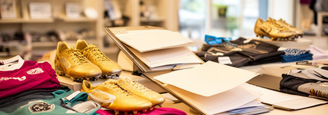 Bright football retail counter with folded shirts, boots, and carefully organised customer order records