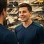 Diy Astor in a football shirt speaking with a customer near the boot wall