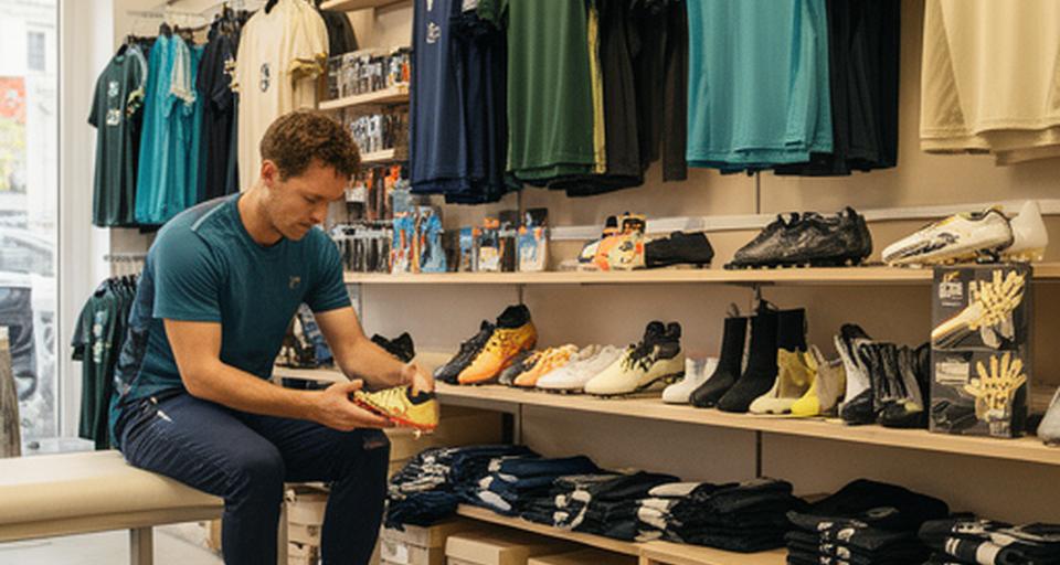 Customer comparing football boots beside neatly displayed jerseys and accessories inside a welcoming Norwich football shop