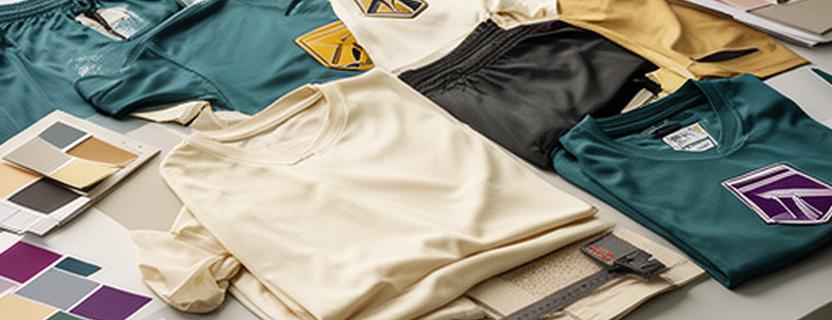 Football teamwear samples, colour swatches, club badges and sponsor artwork arranged on a design table in Norfolk